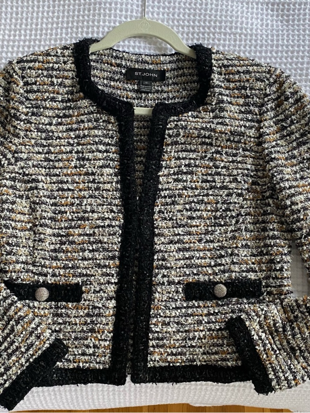 St. John Black, White & Brown Tweed Open-Front Blazer